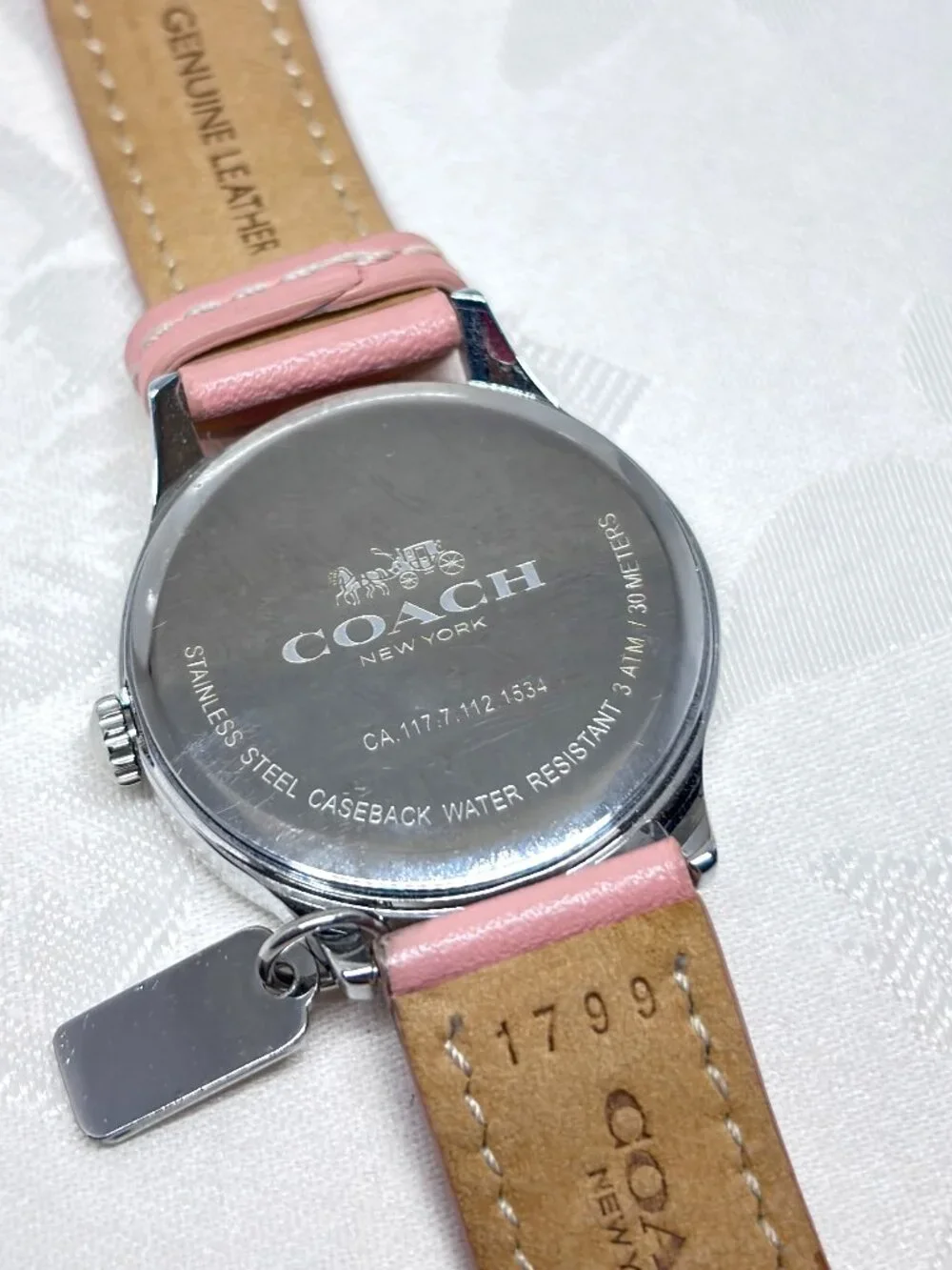 Coach Pink Blush Dial Leather Strap Watch Silver Tone Movado Quartz Charm Tag